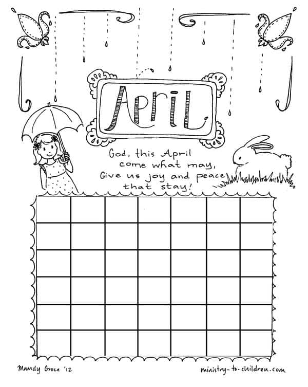 April Calendar Coloring Sheet for Kids